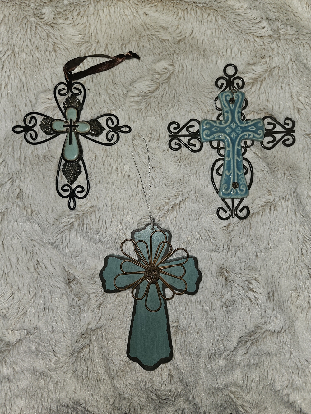Set Of 3 Decorative Teal Cross Ornaments - Home Holiday